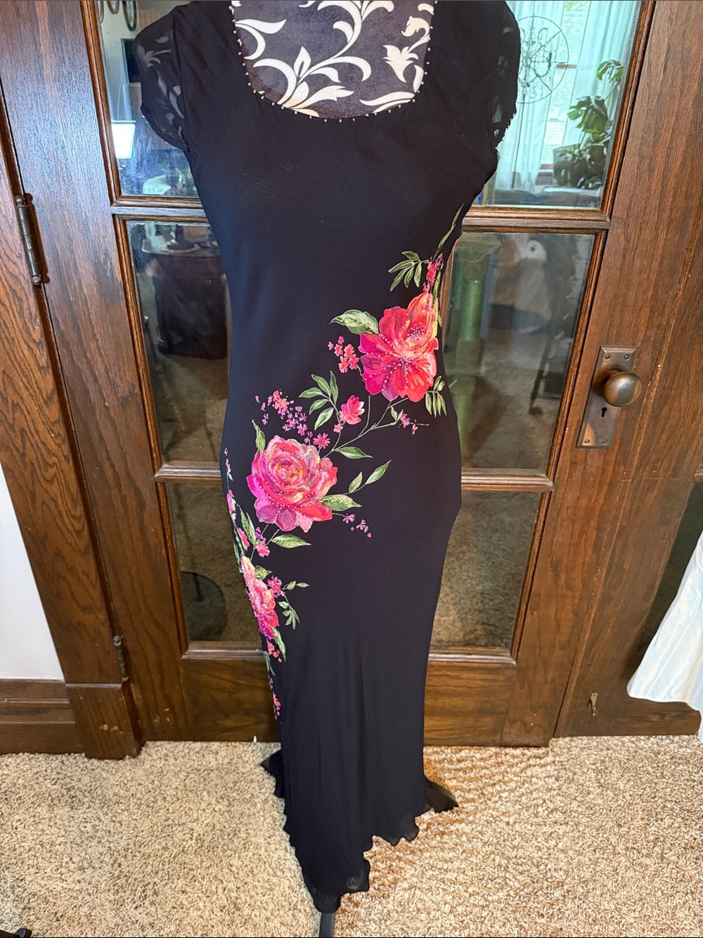 dressbarn Black Maxi Dress with Pink Floral Cascade